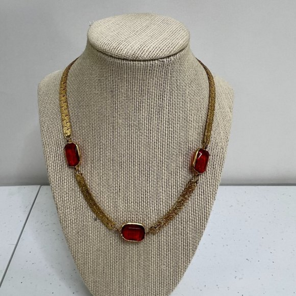 Vintage Necklace Gold Tone Red‎ Orange Tribal Boho Flat Textured Glass
